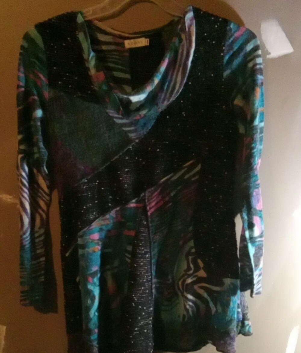 Adore Teal, Purple & Black Cowl Neck Light Weight Long Sleeve Shirt/Sweater